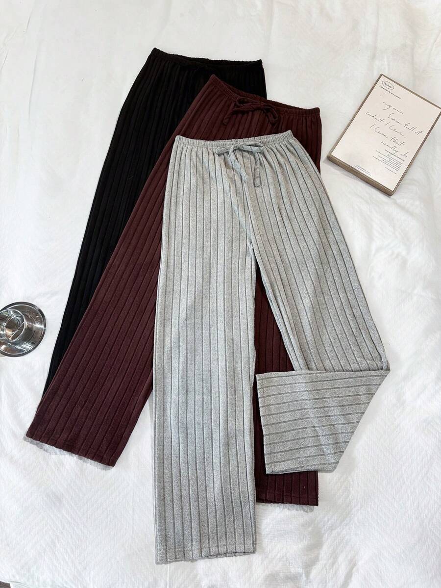 Napfluff Women's 3 PiecesPajama Bottoms Set, Knitted Ribbed Brushed Fabric, Bowknot Cute Casual Minimalist Fashionable Wearable Long Pants - Multicolor - View 1