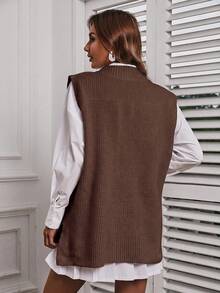 EURMUSE Solid Color Split Hem Sweater Vest - Coffee Brown - View 2