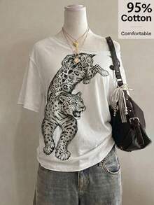 SHEIN EZwear 休閒極簡印花圖案不對稱肩落肩短袖寬鬆女款T恤 - 白色 - 查看 9