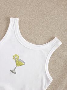 SHEIN Women's Fashion Rhinestone Cocktail Glass Pattern Round Neck Tank Top - White - View 5
