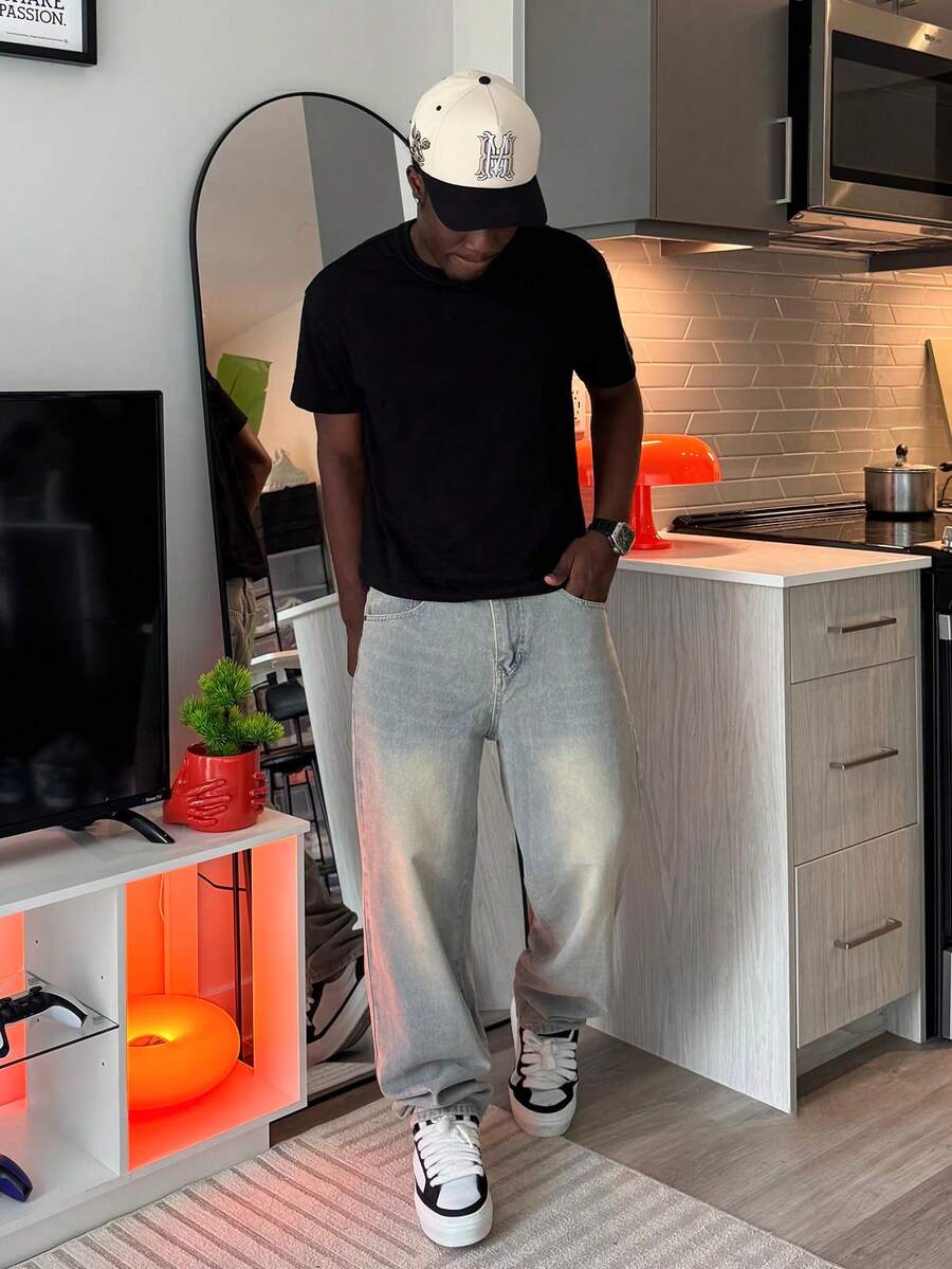 Harrin Don Harrin Don Celana Jeans Pria Model Lurus Kasual Longgar dengan Potongan Lebar, Warna Polos, Gaya Y2K - Light Wash - View 1