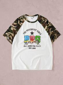 THE POWERPUFF GIRLS X SHEIN Men's Letter & Cartoon Print Casual Daily Short Sleeve T-Shirt - White - View 3