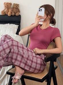 Napfluff Casual Home & Streetwear Plaid Knit Short Sleeve Women's Pajama Long Pants Set - Mauve Purple - View 4
