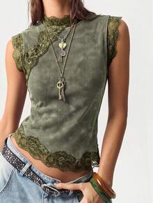 Bohemela Tank Top Rajut Kasual dengan Detail Renda Kontras untuk Wanita - Hijau Tentara - View 1