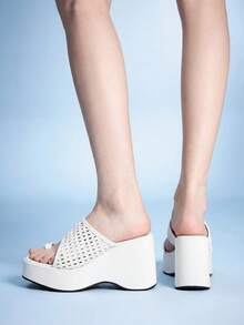 Sugerpunk Ladies, Spike Buckles, Lame-Heeled Platform Sandals. - White - View 8
