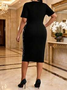 SHEIN Lady Plus Size Women's V-Neck Fashion Casual Elegant Summer Travel Dress Office Formal Black And White - Multicolor - View 4