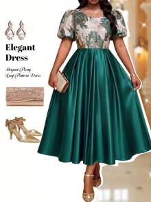 Fleurora Plus Size Elegant Celestial Party Dinner Christening Guest Evening Formal Jacquard Patchwork Dress Teal Summer Wedding - Dark Green - View 5