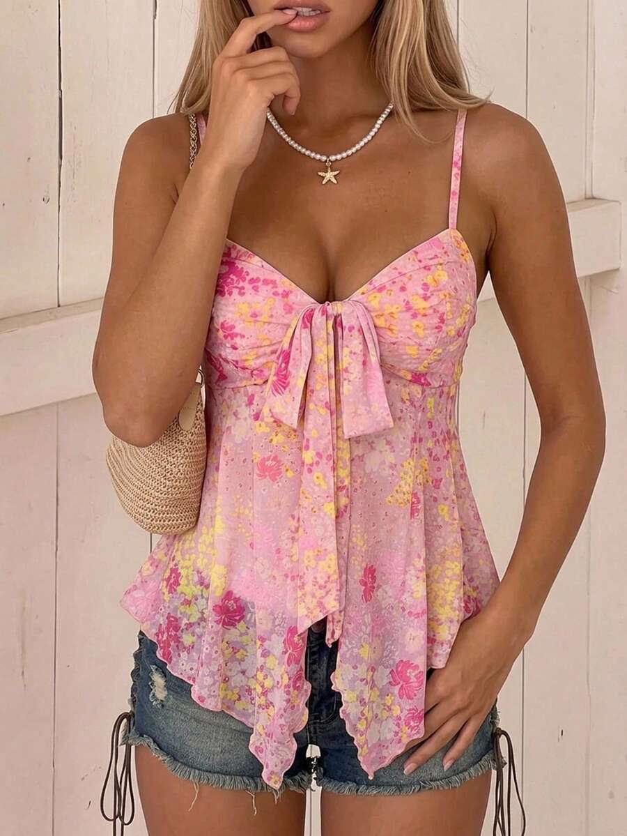 SHEIN ICON 夏季外出海灘波希米亞風 Y2K 夏威夷粉色花卉娃娃裙風飄逸女款背心上衣 西式女裝 - 彩色 - 查看 1