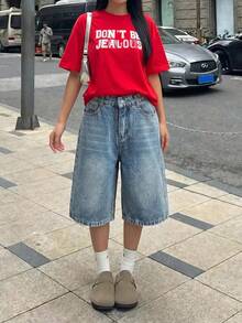 SHEIN Tween女孩復古水洗藍色牛仔寬鬆寬腿長褲 10Y 海灘 Y2K 藍色 夏秋 日 婚禮 - 中等水洗藍 - 查看 3