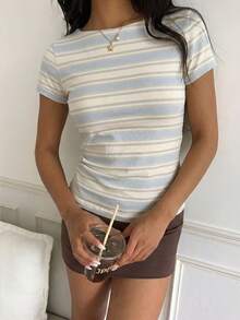 CovetEZ 女款休閒修身條紋T恤，美式復古風格，夏季女裝，街頭風，適合日常通勤、約會、派對，四季皆宜，聖誕節、新年、感恩節、婚禮、海灘、畢業典禮，時尚優雅休閒，適合外出、約會、通勤 - 彩色 - 查看 3