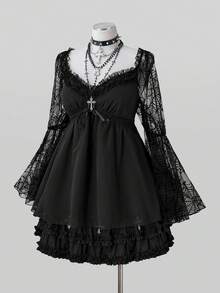 Sunspun Halloween Plus Size Chiffon V-Neck Cinched Waist Flared Sleeve Spider Web Blouse Dark Style - Black - View 6