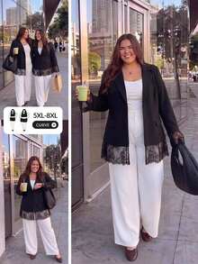 SHEIN CURVE+ 大尺碼簡約休閒商務通勤優雅正式晚宴蕾絲拼接深V領長袖2026夏季22W黑色 - 黑色 - 查看 5