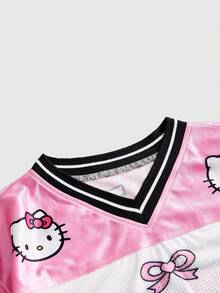 HELLO KITTY AND FRIENDS | ROMWE تي شيرت جيرسي بقصة فضفاضة وطبعة مشتركة العلامة التجارية بأسلوب رياضي Y2K للفتيات - وردي - مشاهدة 3