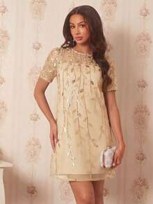 Amorya 女款時尚亮片刺繡短袖洋裝，適合約會與度假 - 香檳色 - 查看 6