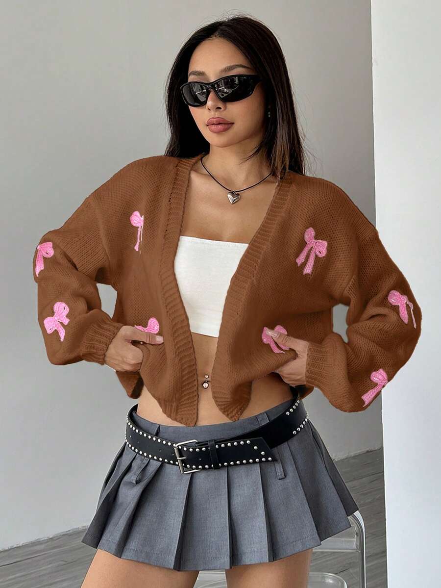 SHEIN Unity 甜美女款蝴蝶結圖案長袖開襟衫 - 彩色 - 查看 1