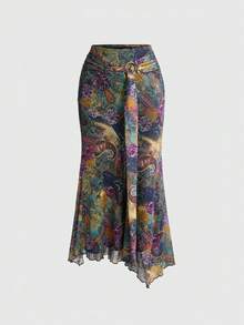 ROMWE Plus Size Women's Vintage Boho Hippie Asymmetrical Hem Paisley Print Skirt - Multicolor - View 1