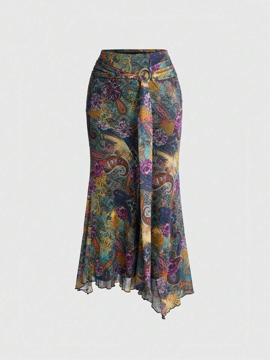 ROMWE Plus Size Women's Vintage Boho Hippie Asymmetrical Hem Paisley Print Skirt - Multicolor - View 1