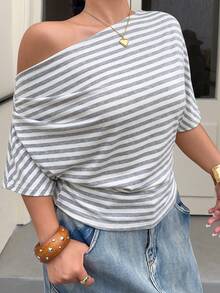 Muchica Plus Size Summer Casual Striped Asymmetric Collar T-Shirt - Light Grey - View 3