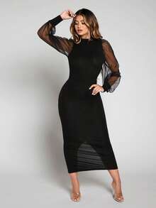 SHEIN SXY Prom Dress;Mock Neck Contrast Mesh Lantern Sleeve Split Hem Dress - Black - View 5