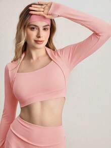 Eassivo Eassivo 女款純色長袖上衣與高腰迷你裙休閒日常運動套裝 - 粉色 - 查看 5