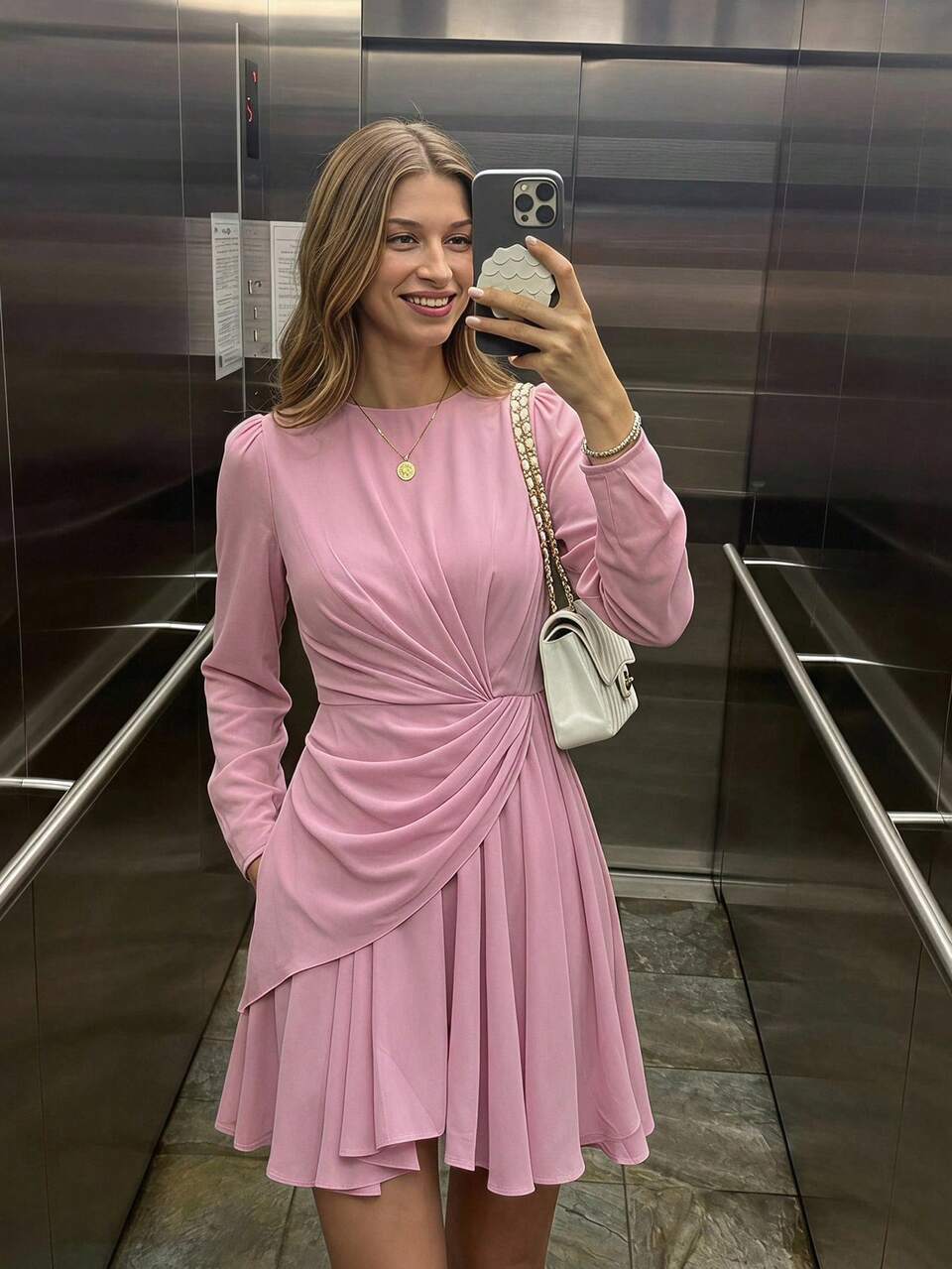 Enchnt Premium Pre-Fall Romantic Women's Elegant Pink Pleated Mini Dress,Casual Dress,Festival Outfits,Going Out,Back To School,Vacation Dress,Work