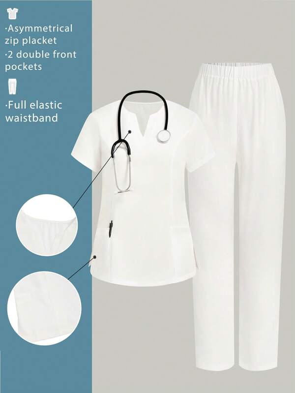 TaskEZ Women's Solid Color V-Neck Short Sleeve Top And Pants Nurse Scrub Uniform Set
