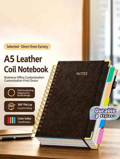 1 Hardcover Spiral Notebook, Detachable Tab Dividers, 300-Page Leather Cover, 5-Subject B5 8*10 College Ruled Journal. Large Size For Work & Study, 3 Colors Pink/Purple/Black, Back To School Supplies For Women.