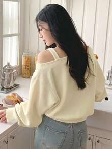 Dazy Kids Teen Girl Autumn Casual Solid Color Asymmetric Collar T-Shirt - Apricot - View 5