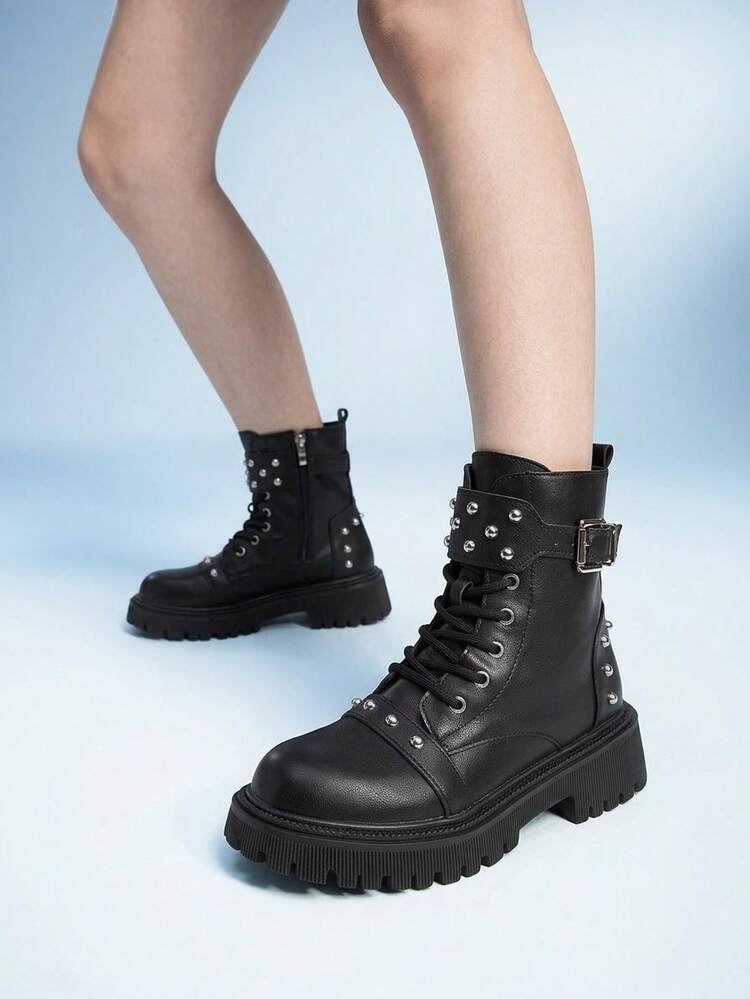Sugerpunk Dark Rock Punk Goth Boots Lace-Up Rider Boots Low Heel Side Zipper Motorcycle Boots Ladies Boots And Boots - Black/852 - View 11