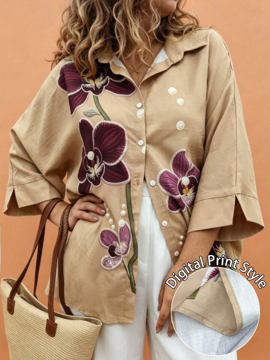 Breezaya Women's Plus Size Spring Casual Commute Elegant Vintage Versatile Floral Pattern Positioned Print Collared Button-Up Shirt Suitable For Spring/Summer Outfits - Khaki - View 1