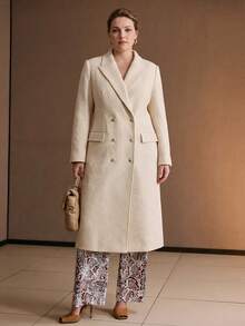 MOTF PREMIUM WOMEN'S PLUS SIZE TEXTURED WAIST-CINCHING STRUCTURED PEAK COLLAR DOUBLE-BREASTED OVERCOAT, AUTUMN/WINTER - Apricot - View 7