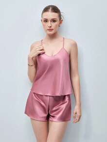 Softvol Satin Cami Top With Shorts PJ Set / Pajama Set - Mauve Purple - View 6