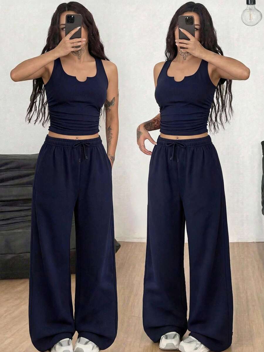 SHEIN Teen Girl Solid Color Top And Drawstring Waist Long Pants Casual Daily Outfit Set - Navy Blue - View 1