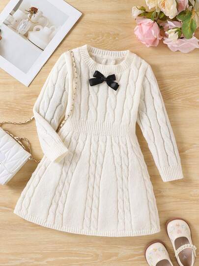 SHEIN 1pc Girls' Sweater Dress, Versatile Round Neck Cable Knit Texture White Cinched Waist Long Sleeve A-Line Skirt, Black 3D Bow Decor, Cute Style, Regular Thickness, Neat Hem, Tight Cuffs, Fine Craftsmanship, Delicate Texture, Suitable For Wearing Alone, Daily Wear, Outings, Home, School, Outdoor Activities And More Occasions, Autumn/Winter Outfit
