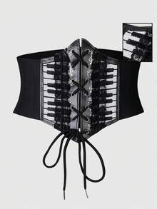 ROMWE Fairycore 1pc Black Hexagonal Waist Cincher Corset Belts With Hollow Lace Trim, Musical Note Accents, And Embroidered Black-And-White Piano Key Pattern, Dark Gothic Style - Key Notes Hexagonal Waist Seal - View 1