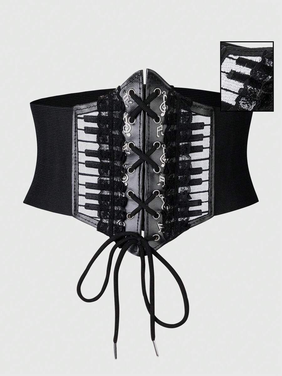 ROMWE Fairycore 1pc Black Hexagonal Waist Cincher Corset Belts With Hollow Lace Trim, Musical Note Accents, And Embroidered Black-And-White Piano Key Pattern, Dark Gothic Style - Key Notes Hexagonal Waist Seal - View 1