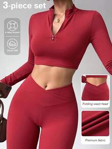 Easithlete Women's Solid Color Long Sleeve Half-Zip T-Shirt And Leggings Sports Set - Red Violet - View 3