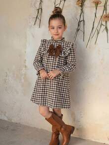 Emery Rose Kids Emery Rose Kids 兒童少女可愛度假休閒杏色格紋蝴蝶結長袖寬鬆連身裙 秋季花卉洋裝 校服 開學穿搭 - 卡其色 - 查看 8