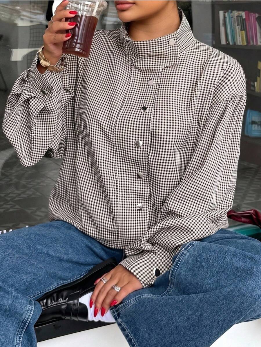 Muchica Plus Size Fashion Plaid Zipper Button Long Sleeve Jacket Teachers' Day Back-To-School Office Work Autumn Casual Fall - Green - View 1