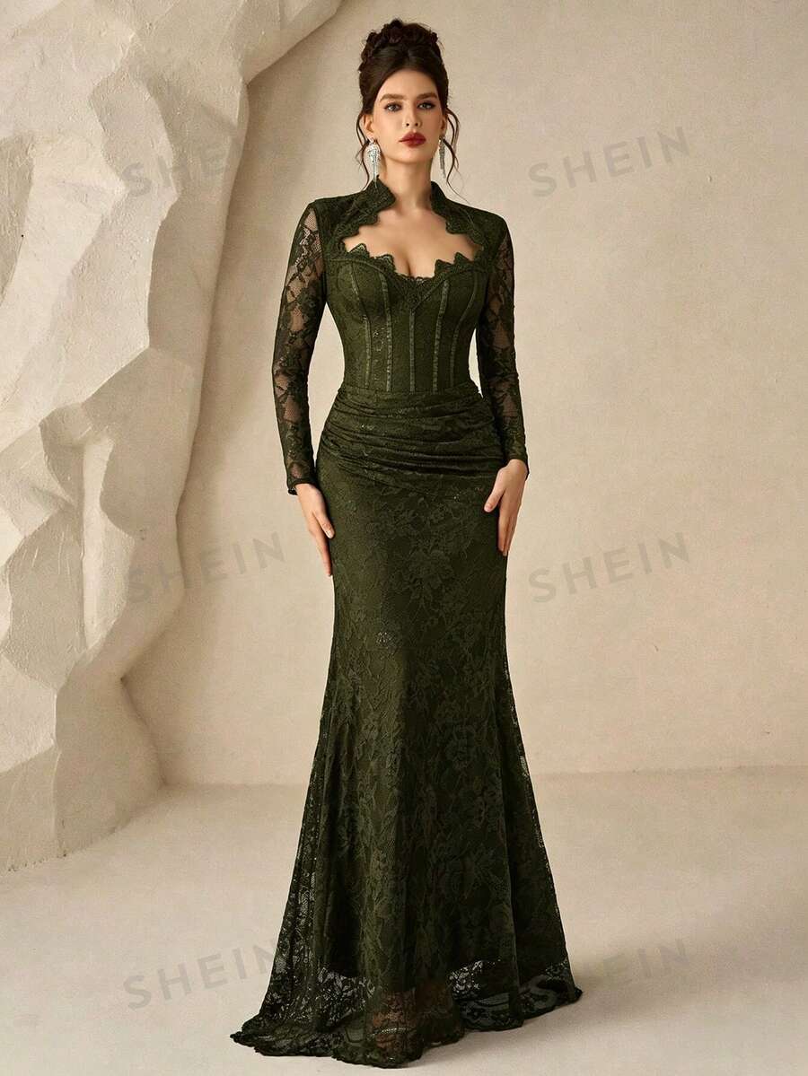 Coutiva 女款蕾絲長款正式晚禮服(精緻設計) - 橄欖綠 - 查看 1