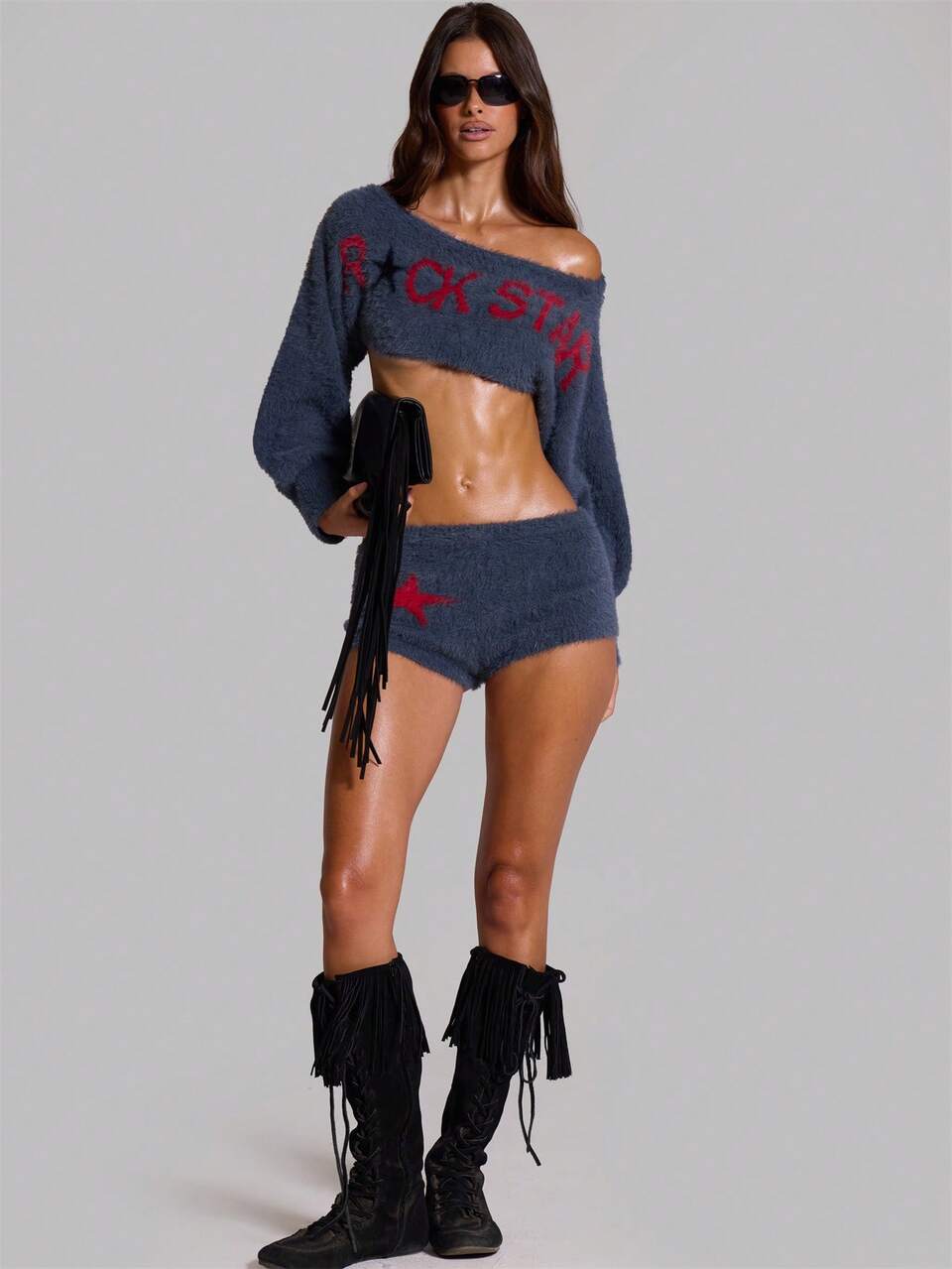 Navy Graphic Knit Off Shoulder Top Micro Short Set