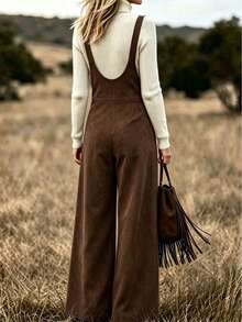 SHEIN Suede-Effect Jumpsuit Suitable For Spring/Summer And Autumn/Winterperfect For Seaside Vacations, Leisure, And Rustic-Bohemian Style. - Brown - View 2