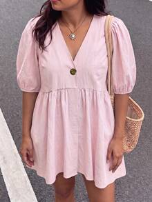 Enliva Plus Size Women's Ruffled Puff Sleeve V-Neck Dress - Baby Pink - View 2