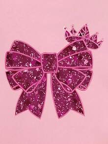 (3 Sets) Girls' Glitter Colorful Bow & Crown Pattern Basic Short T-Shirt + Shorts 6-Piece Set, Summer Daily Outfit - Multicolor - View 4