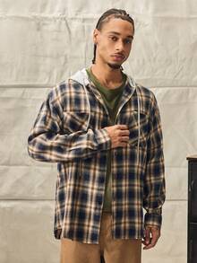 Norleigh Men's Casual Loose Fit Checkered Hooded Shacket With Chest Pocket, Adjustable Drawstring, Versatile For Spring Autumn - Navy Blue - View 5