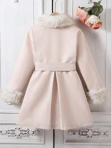 SHEIN 青少年女孩羊毛仿皮草大衣，度假、秋冬、戶外、返校、日常穿搭 - 杏色 - 查看 2