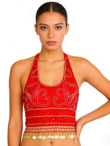 Sequin Embroidered Cropped Top Belly Dance Costume, Metal Disk Tassel Fringe Festival Outfit, Party Rave Stage Performance Wear For Women, Multicolor Options - Multicolor - View 9