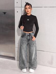 SHEIN 青少年女孩 Y2K 秋冬灰色丹寧填充加厚面料寬鬆牛仔褲 - 灰色 - 查看 4