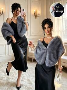 SHEIN Raffinéa Autumn/Winter High-End Fashion Faux Fur Shawl Outerwear For Cheongsam - Grey - View 2