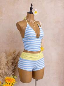 Bellisia Vintage Striped Halter V-Neck Two-Piece Swimwear, High Waist Bikini Bottom 3 Pieces Set, Beach Vacation Swimwear - Multicolor - View 3